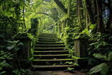 Fototapeta Las - Stairs to shelter in the deep jungle