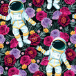Astronaut and pink flowers vector seamless pattern