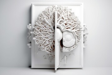 Learning, education interpretation from paper cut of human cool looking three dimensional brain and door