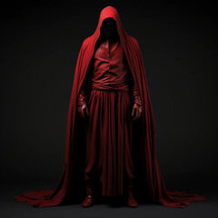 A Lifelike Red Wizard Whose Face is Concealed by a Hood Generative AI