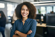 © Rafa Fernandez - happy young african american young woman sitting in her chair smiling. AI Generative
