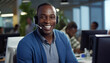 © Rafa Fernandez - African Man wearing headphones and working with laptop, smiling and looking at camera. AI Generative