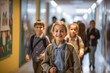 © Rafa Fernandez - Smiling school students standing together in school corridor. ai generative