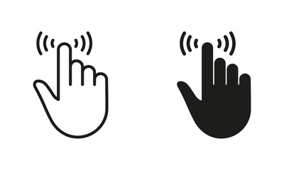 Poster - Pointer Finger Pictogram. Cursor Hand, Computer Mouse Line and Silhouette Black Icon Set. Click, Press, Double Tap, Touch Swipe Point Finger Gesture Symbol Collection. Isolated Vector Illustration