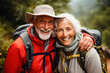 © Rafa Fernandez - Portrait of smiling senior couple sitting with backpack in forest during summer vacation. AI Generative