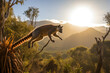 Photograph of a jumping ring-tailed lemur in front of a bokeh big landscape with mountains, during golden hour generative ai.
