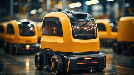 Poster - The Robot arm picks up the box Autonomous, Factory 4.0 concept, The robot is delivering the goods In Smart Distribution Warehouse, Autonomous delivery is robotic.