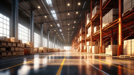 Huge distribution warehouse with high shelves, Large industrial warehouse.