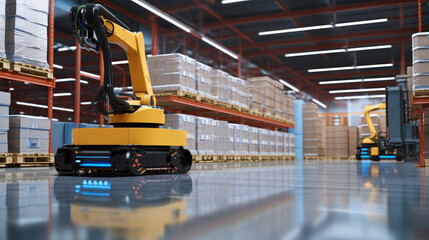 Poster - Automated retail warehouse with robots efficiently sorting parcels, Automated Robotic Arm In Smart Distribution Warehouse