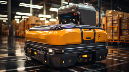 Aufkleber - Autonomous guided robot AGV system robotic arm carry cardboard box at warehouse logistic, Smart industry production factory transport Future Technology.