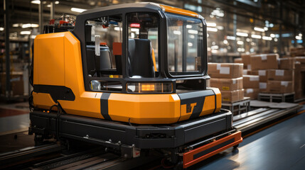 Aufkleber - Autonomous guided robot AGV system robotic arm carry cardboard box at warehouse logistic, Smart industry production factory transport Future Technology.