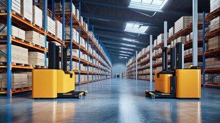 Poster - The Robot arm picks up the box Autonomous, Factory 4.0 concept, The robot is delivering the goods In Smart Distribution Warehouse, Autonomous delivery is robotic.