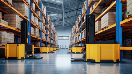 Aufkleber - Automated retail warehouse with robots efficiently sorting parcels, Automated Robotic Arm In Smart Distribution Warehouse