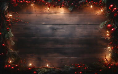 Wall Mural - Festive Christmas backdrop frame on dark wood. Warm and inviting.