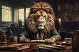 Fototapeta  - Lion in a business suit is sitting at a desk in the office. A concept on leadership and entrepreneurship. Generative AI.
