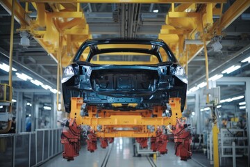 Poster - Robotic equipment makes Assembly of car, Innovative Technology and Skilled Labor, The Making of a Car in a Production Factory.