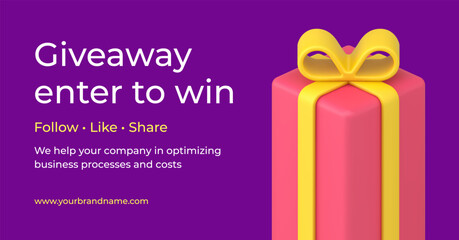 Poster - Giveaway promo 3d banner wrapped gift box with bow social media competition realistic vector