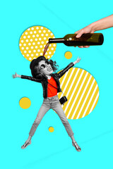 Wall Mural - Creative drawing collage picture of funny excited energetic young female hand hold bottle pour wine alcohol dance discotheque have fun