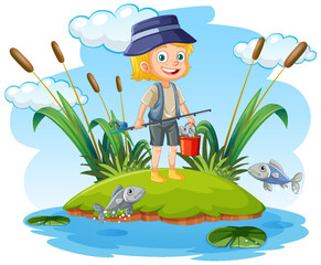 Poster - Cartoon Girl Fishing in the Pond