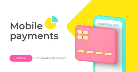 Poster - Mobile payments smartphone application e money online transaction 3d landing page realistic vector