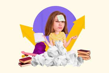 Canvas Print - Collage poster banner of bored teen girl feel frustrated have no idea about writing doing homework