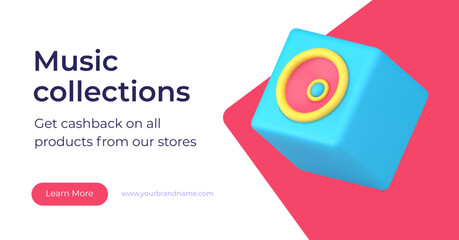 Poster - Online music service audio playing network acoustic sound storage 3d landing page realistic vector