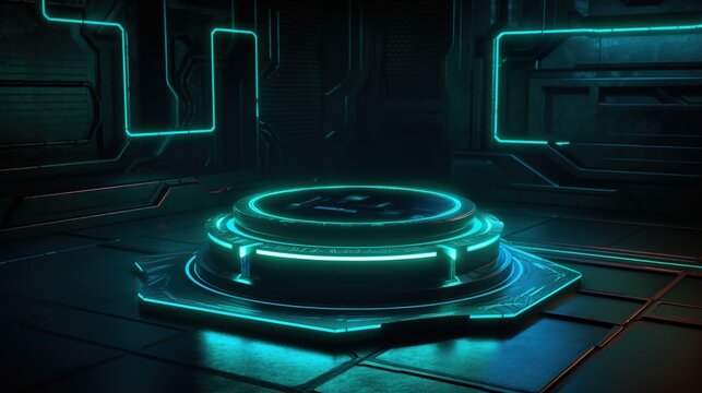 Generative Ai, there is a podium in a cyberpunk-style room surrounded by green neon lights.