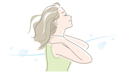 young woman with untied hair waving in the breeze. vector illustration in line drawing, isolated on 