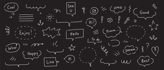 Wall Mural - Speech bubbles, clouds and and doodle elements hand drawn set. Isolated simple vector illustration on black background.