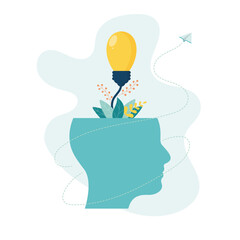  Light bulb grows out of the brain as  metaphor for nurturing an idea, caring for thoughts. Hatching an idea. Vector illustration in flat style