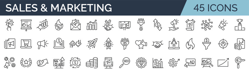 set of 45 line icons related to sales and marketing. outline icon collection. editable stroke. vecto