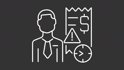 Poster - Animated collector white line icon. Office worker with bill and warning sign animation. Clock ticking. Loop HD video with chroma key, alpha channel, transparent background. Motion graphic animation
