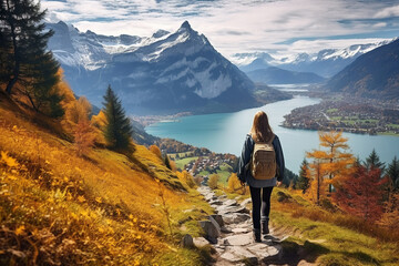 Wall Mural - Rear view of female hiker with backpack walking down from the mountain and enjoying the view during the day. scenic idillic panoramic, generative ai