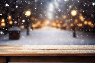 Wall Mural - beautiful winter christmas background with empty wooden table for product display, snow city street blurred background with xmas lights, copy space, generative ai
