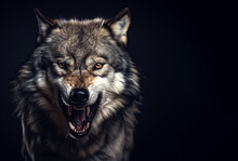 Angry Grey Wolf Portrait On Black With Copy-space