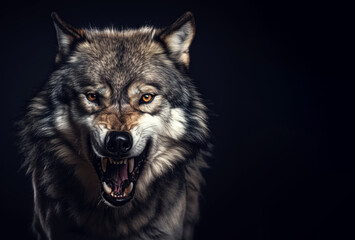 Naklejka na meble Angry grey wolf portrait on black with copy-space