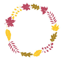 Wall Mural - Wreath of color autumn leaves. Round colorful frame, border hand drawn in flat style. Theme is forest, nature, happy fall, thanksgiving