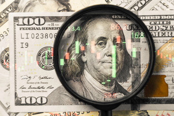 Sticker - Closeup Benjamin Franklin face on USD banknote with stock market chart graph for currency exchange and global trade forex concept.