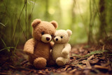 Fototapeta  - Two teddy bears share a heartfelt hug amidst the serene morning in a bamboo forest. Generative AI.