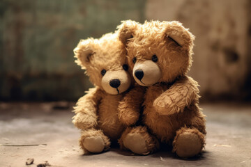 Naklejka na meble Two teddy bears share a heartfelt hug amidst the serene morning in a bamboo forest. Generative AI.