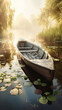 Old wooden boat on the lake with water lily in warm sunlightat summer morning. Serene atmosphere. AI generated art illustration