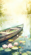 Watercolor illustration of old wooden boat on the lake with water lily in warm sunlightat summer morning. Serene atmosphere. AI generated art illustration