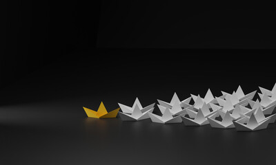 Leadership concept, yellow leader boat leading white boats, on black background. 3D Rendering