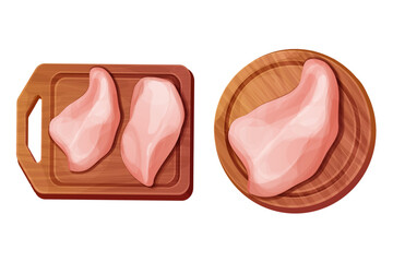 Chicken fillet meat part breast top view on wooden board in cartoon style isolated on white background. Boneless raw ingredient