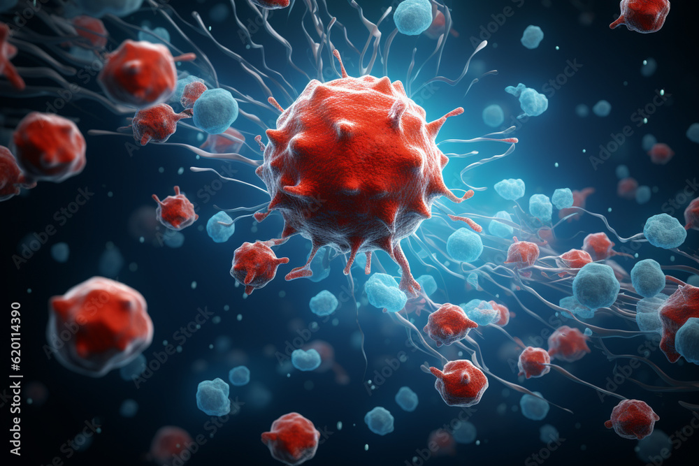 Depicting cancerous cells invading and attacking healthy brain tissue ...