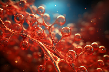 Fototapete - DNA molecule red white spheres wave square, with creative spheres bubble . Generative AI technology.