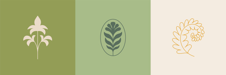Aufkleber - Vector set of logo design templates, organic cosmetic in simple linear hand drawn style, plants and flowers, natural products emblems, for hand crafted small business, jewellery, artist, ceramics