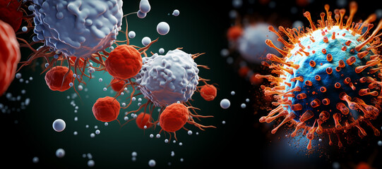 Poster - Depicting cancerous cells invading and attacking healthy brain tissue, showing the destructive nature of brain cancer. Generative AI technology.