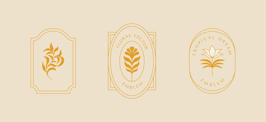 Poster - Vector set of logo design templates and graphic elements, organic cosmetic, floral illustration in simple linear hand drawn style, plants and flowers, natural products emblems