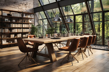 Poster - Beautiful interior of a room with a table. Generative AI technology.